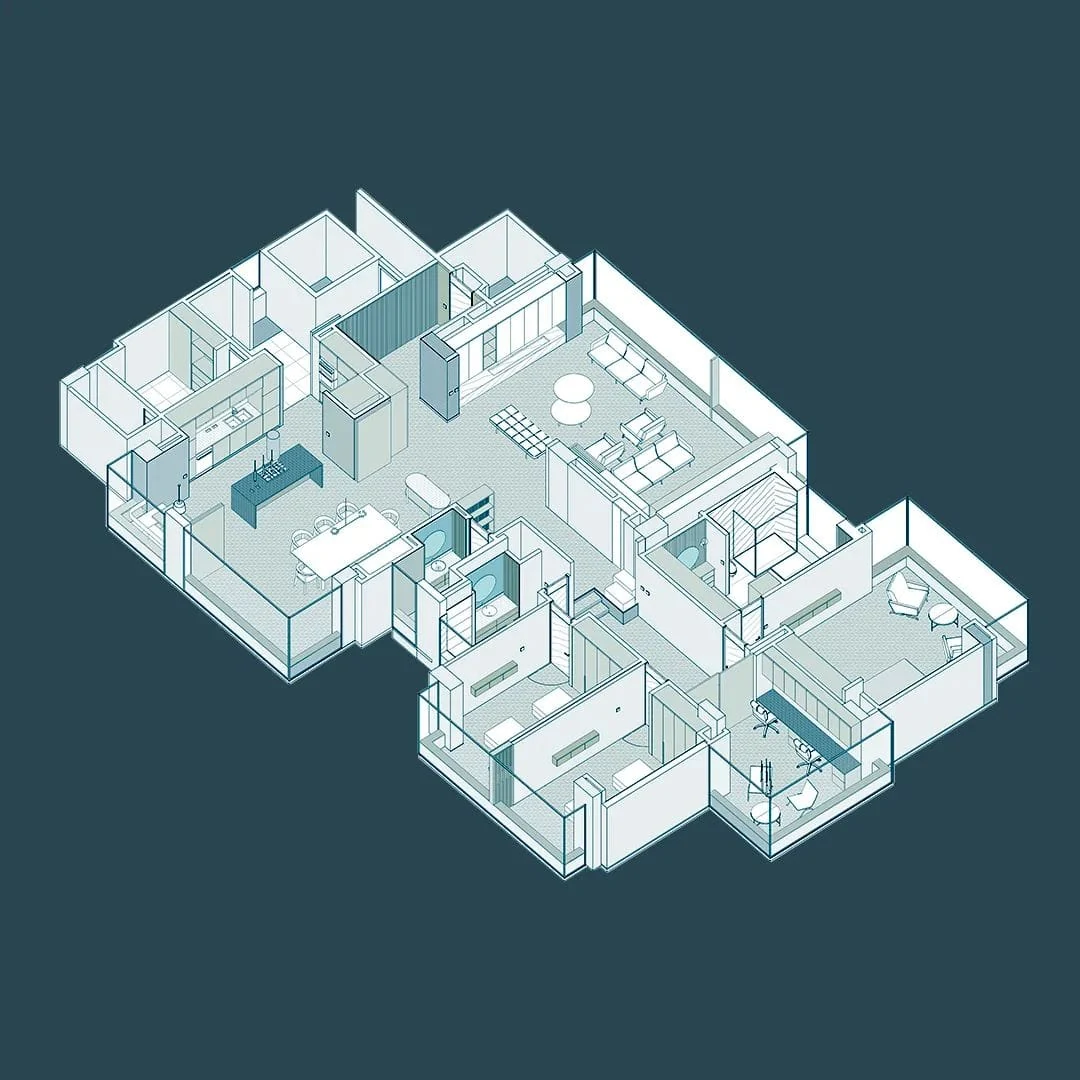 Axonometric of the layout proposal: the whole home seen from above, with the continuous living zone around the open kitchen and the bedrooms lined toward the facade; the drawing that served as the renovation's roadmap.