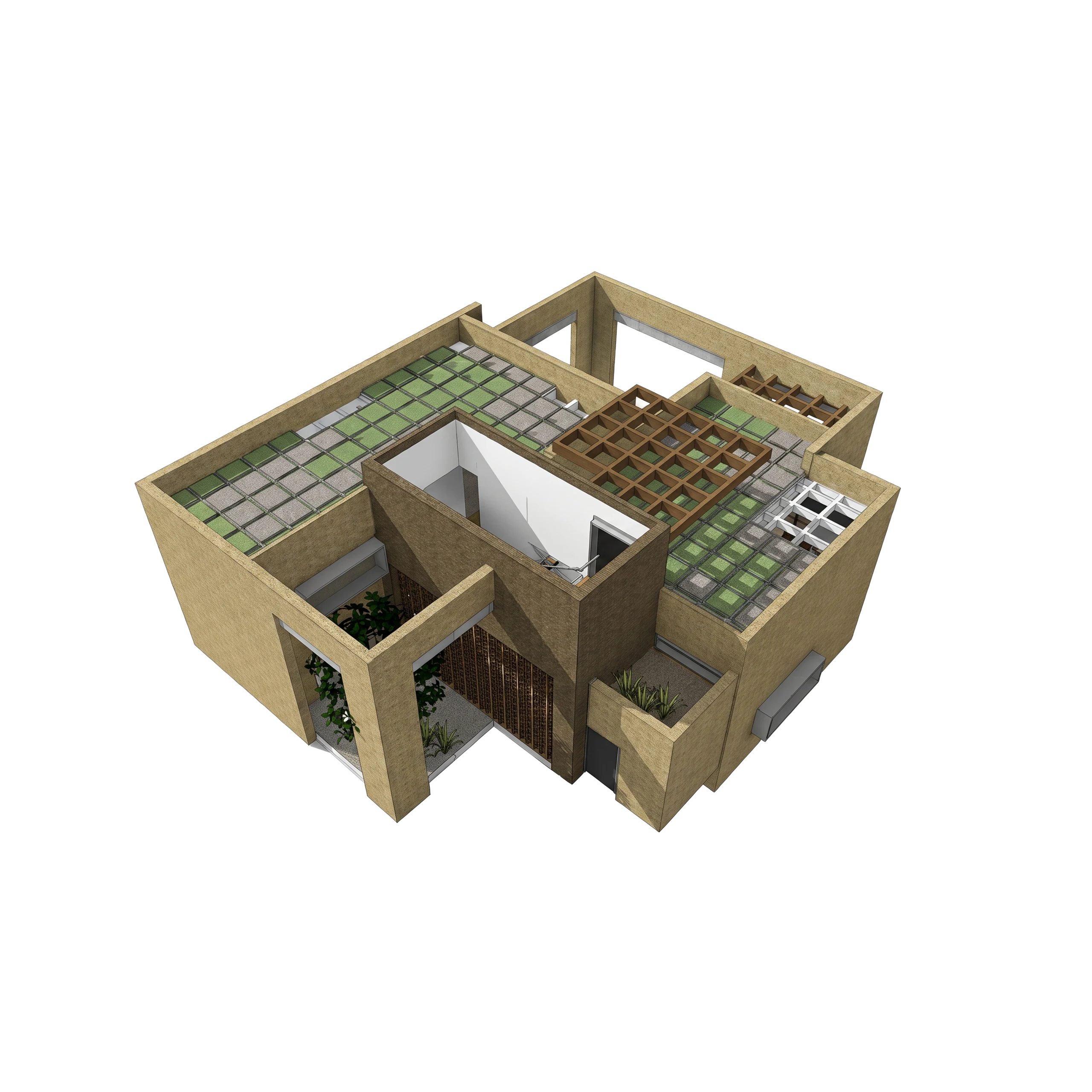 Entry view of the type house: the roof is resolved as a