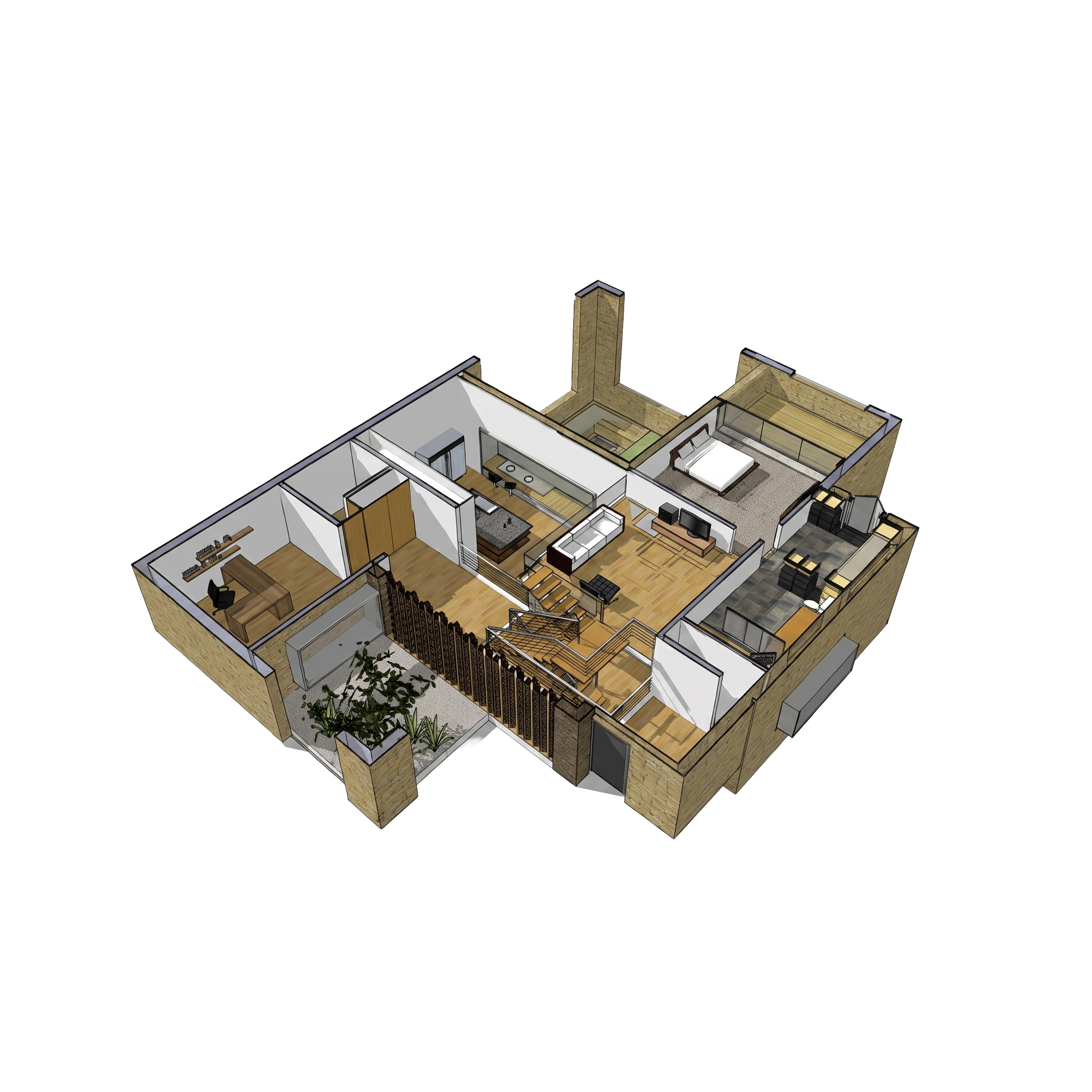 Inhabited cutaway of level 2: the family room articulates
