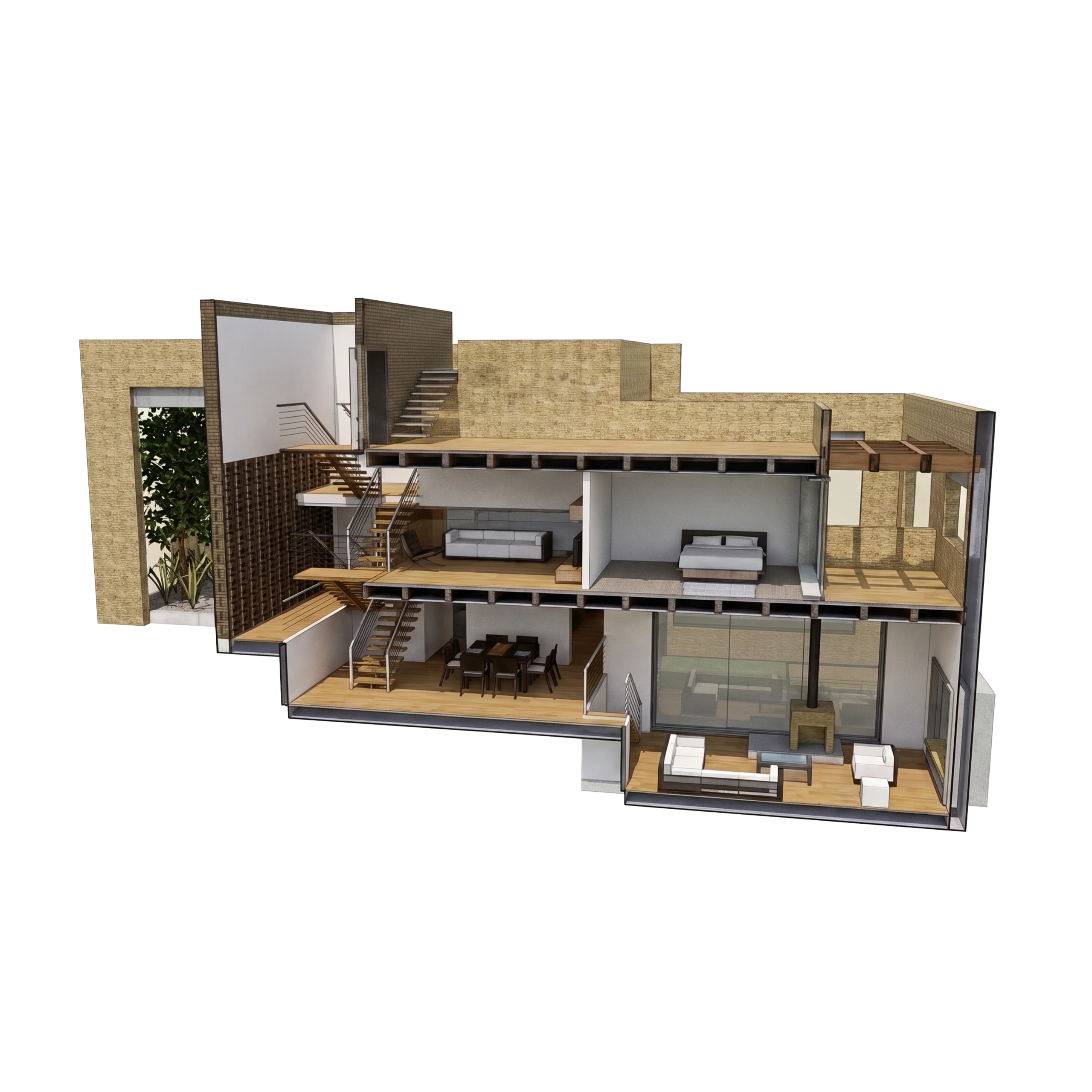 Longitudinal section: living room, dining room and family