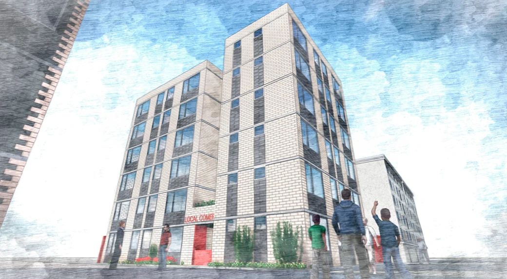 View of the complex: six stories in two brick tones and latticework, with a ground-floor commercial unit open to the street.