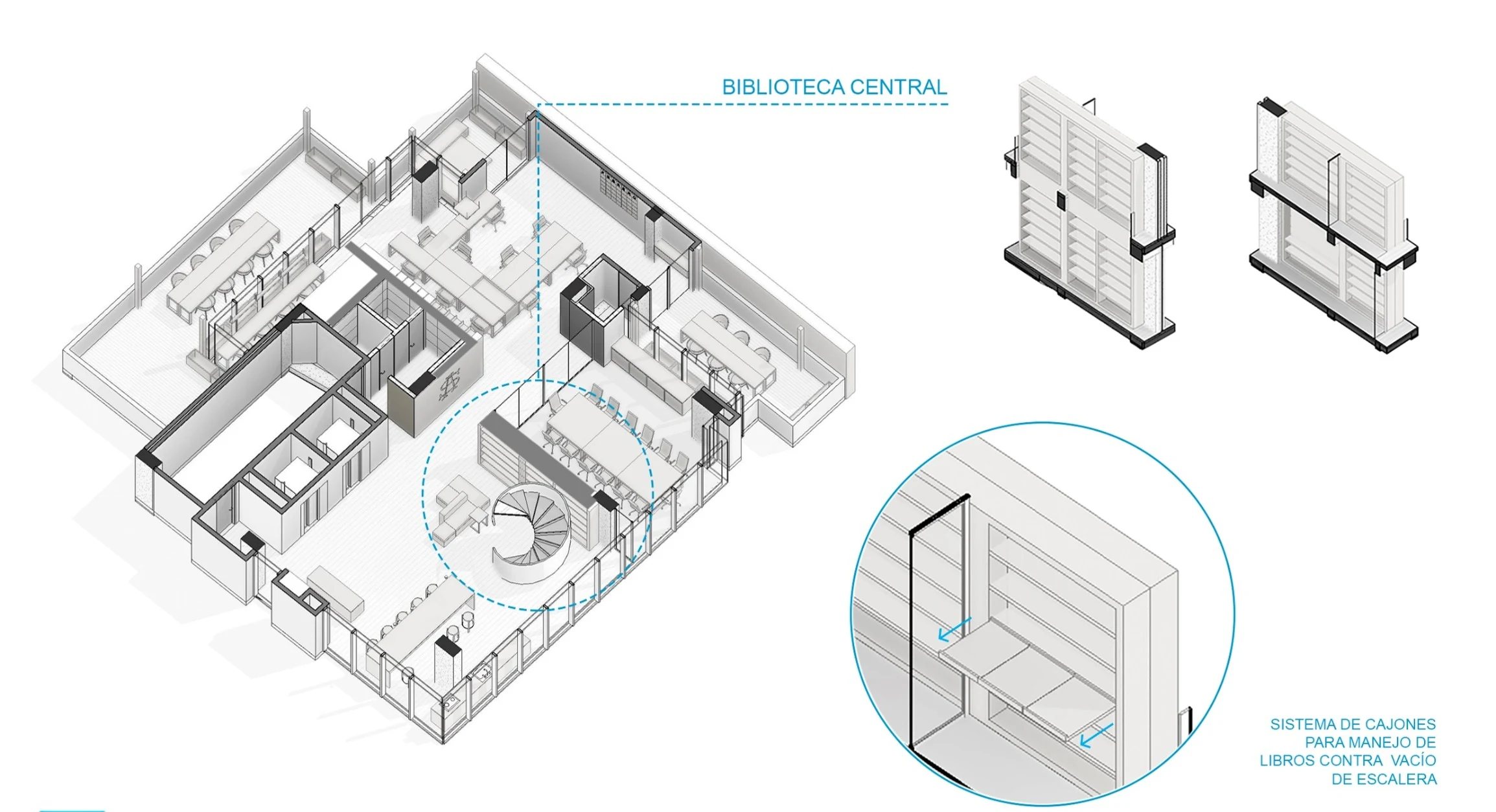 Isometric of the floor: the central library organizes the plan and a drawer system resolves book storage against the void of the spiral staircase.