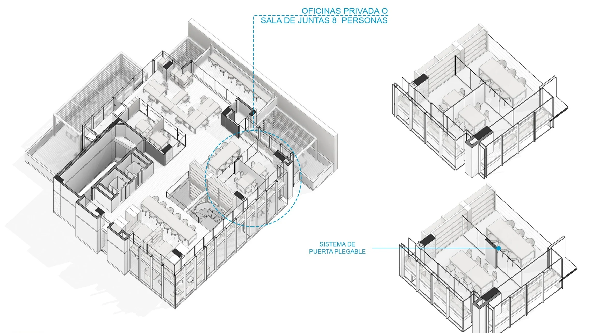 The private offices incorporate a folding-door system that transforms them into a boardroom for eight people.