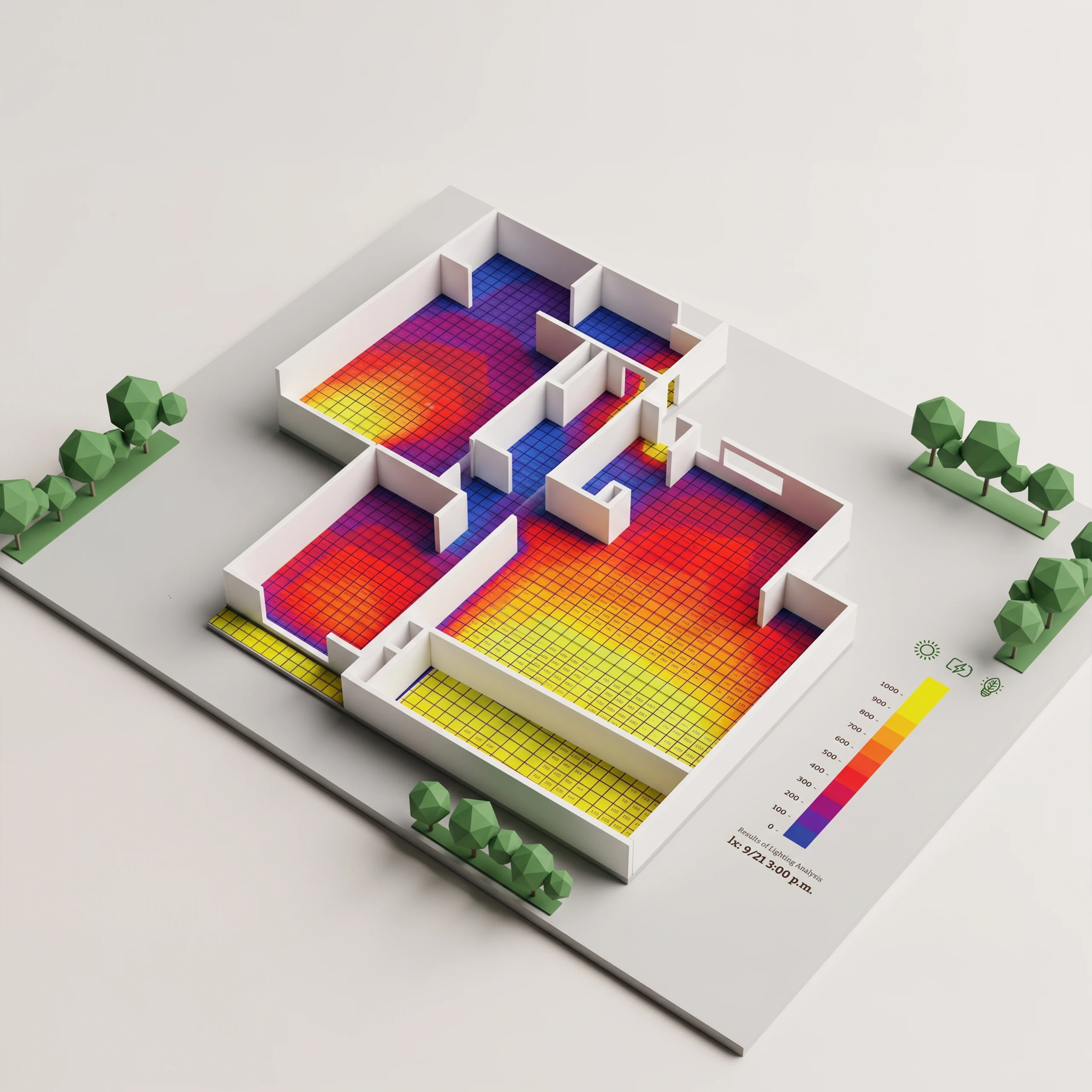 Daylighting analysis of the apartment at 3:00 p.m., on a scale from 0 to 1,000 lux.