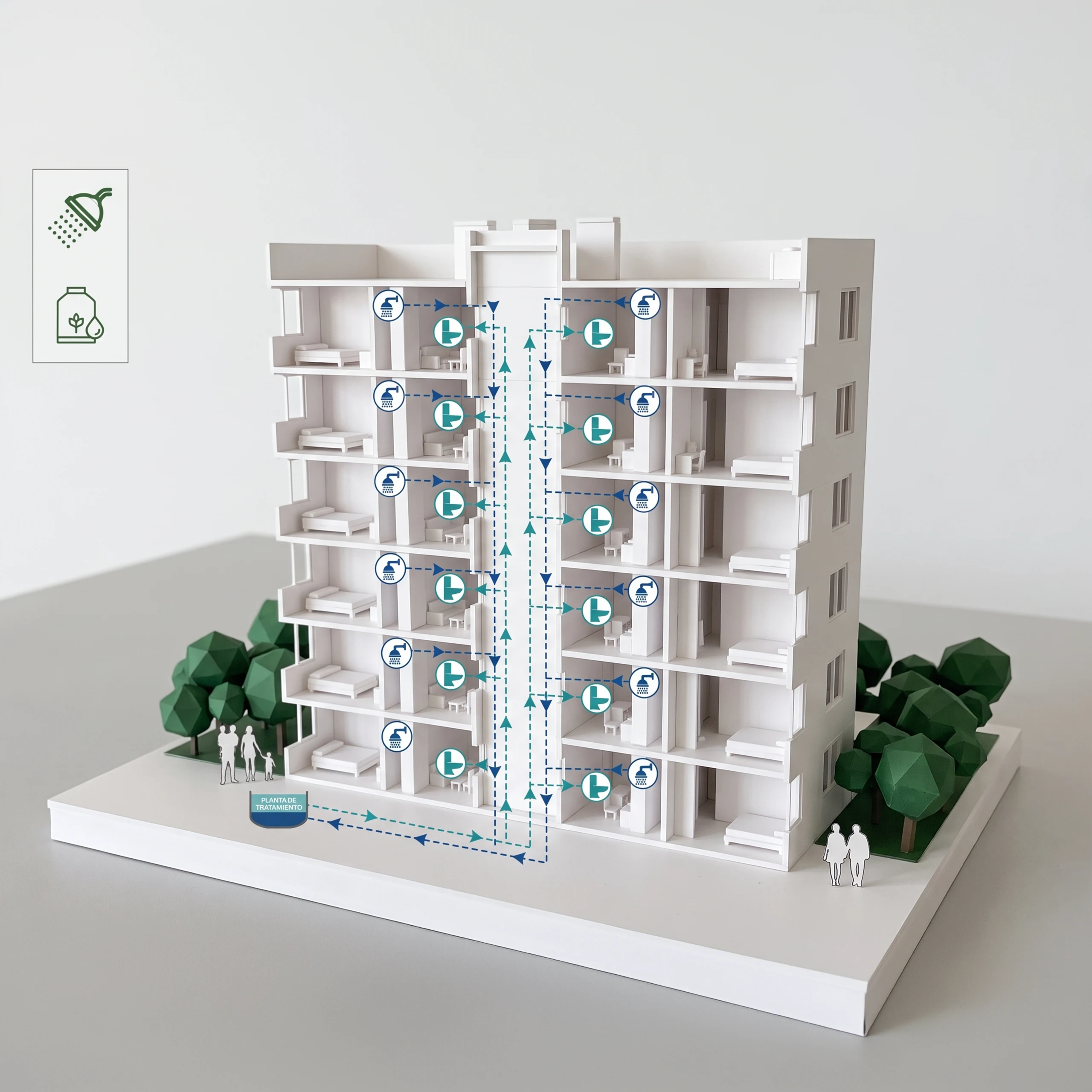 Greywater from the showers goes through a treatment plant and returns to the toilets.