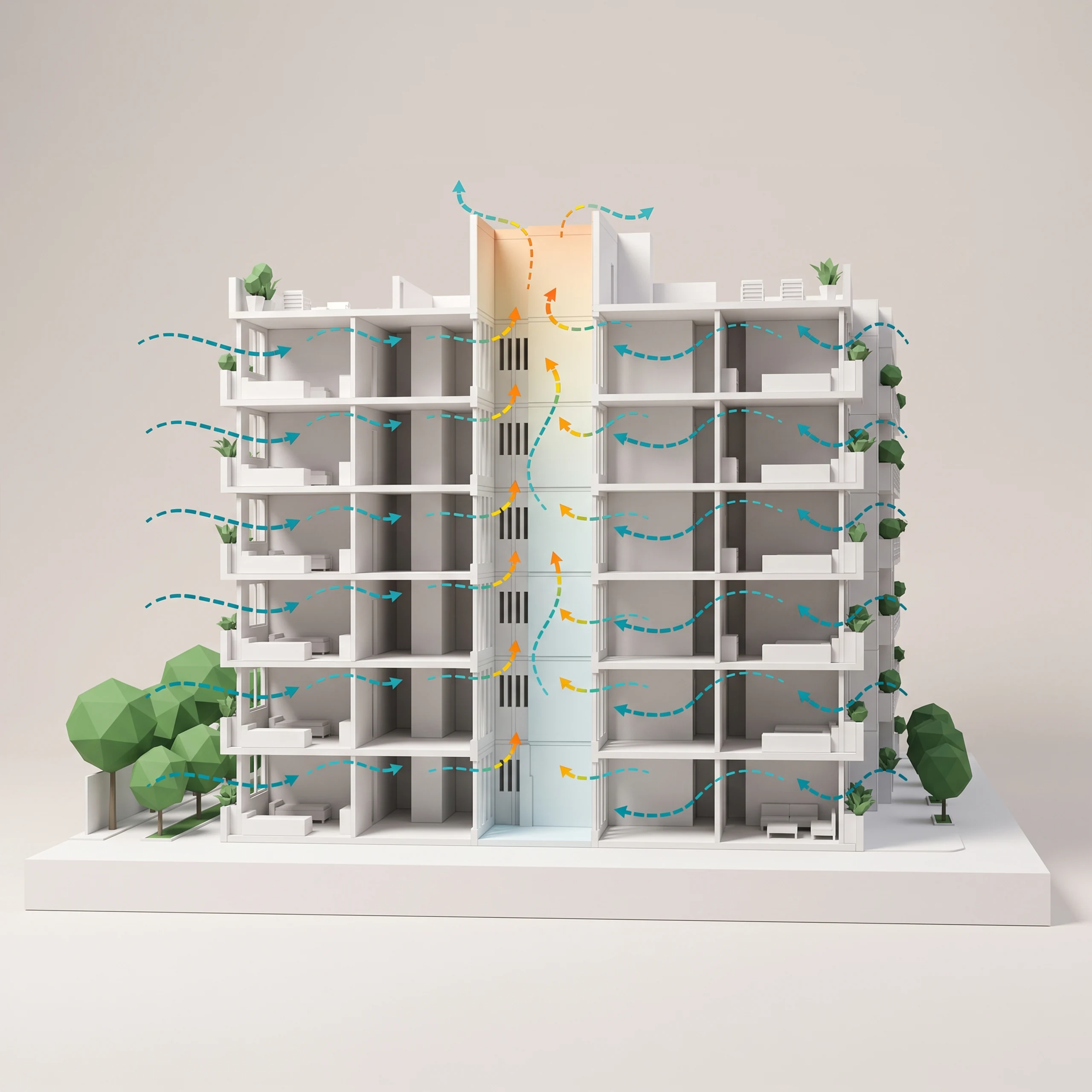 Natural ventilation: fresh air enters through the façades and warm air is drawn out through the interior courtyard.
