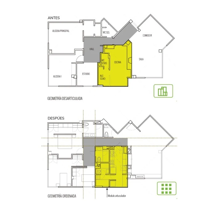 Articulation of geometries: above, the original plan with its disjointed geometry; below, the plan ordered on new axes, with the articulating module marked.