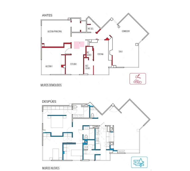 Setting out the walls: in red what was demolished, in blue what was built. The remodelling changes the interior skeleton, not just the finishes.